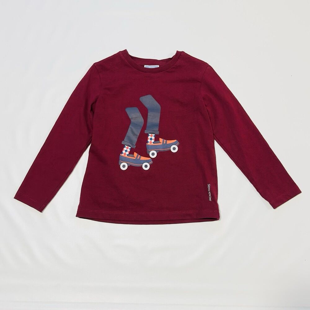 Jacadi Paris Girls Red Long Sleeve Shirt Girl Rolling Skates Sz 6A/Y  Cotton